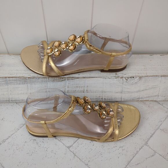KATE SPADE Gold Metallic Stacey Flat Sandals Rhinestone Strappy Size 8.5 M - Picture 6 of 15